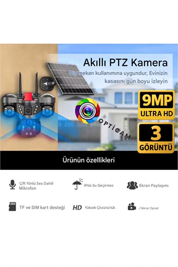 WİFİ Güneş Enerjili 3+3+3 MP Solar Güvenlik Kamerası,360 Derece Açı ,Güçlü Batarya